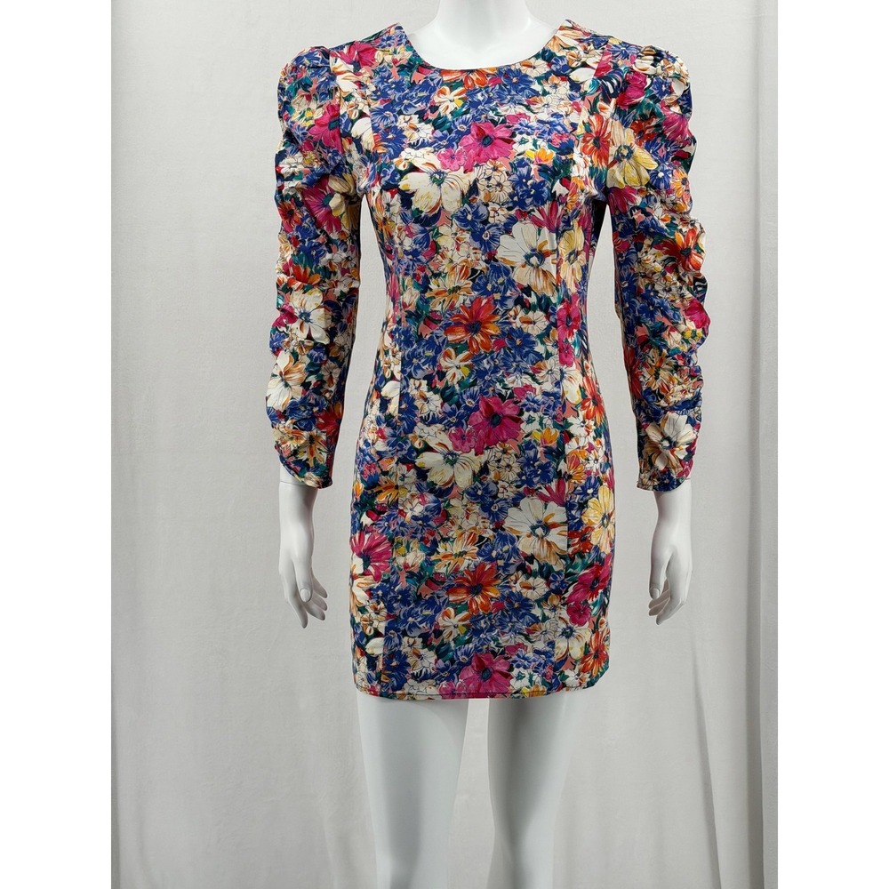 Zara Dress Womens Small Pink Floral Frida Ruched Mini Sheath Colorful Garden